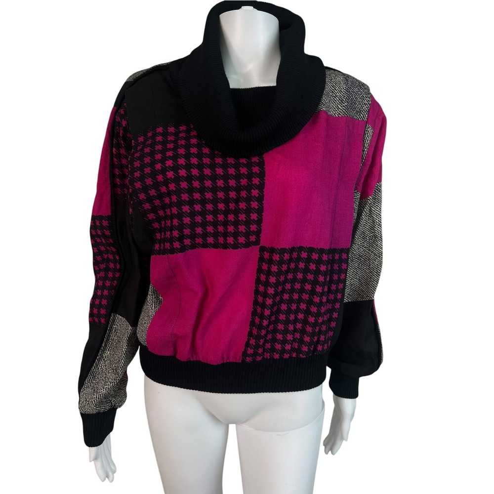 Vintage Carre Sweater Pink Black Patchwork Cowl Neck Wool Retro 80's Size M ?